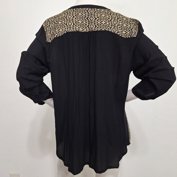 Urban Mangoz Black Tan Geometric Print 3/4 Sleeve Boho Retro Tunic Top Size L - Picture 6 of 12